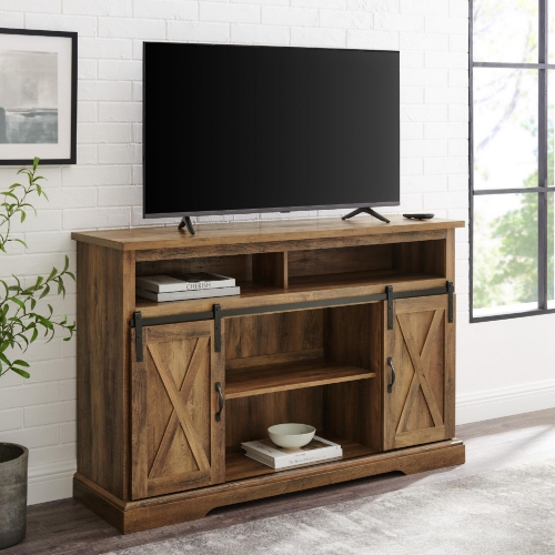 52" Modern Farmhouse TV Stand in Rustic Oak & Black Metal